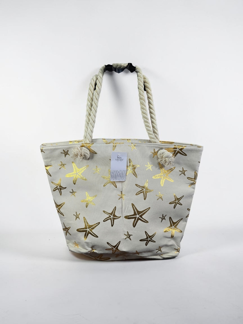 NEW Bon Voyage Gold Starfish Beach Tote Bag Rope Handles Coastal
